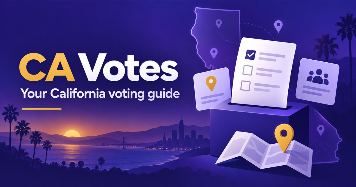 CA Votes California voting guide with a ballot box and location markers